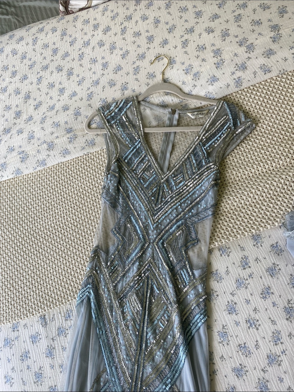 Miss Selfridge Beaded V-Neck Prom Dress in Light Blue and Silver